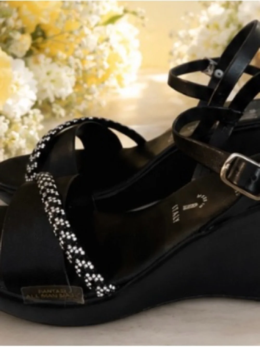 Italian Shoemakers Black Wedge Sandals with Rhinestone Accent